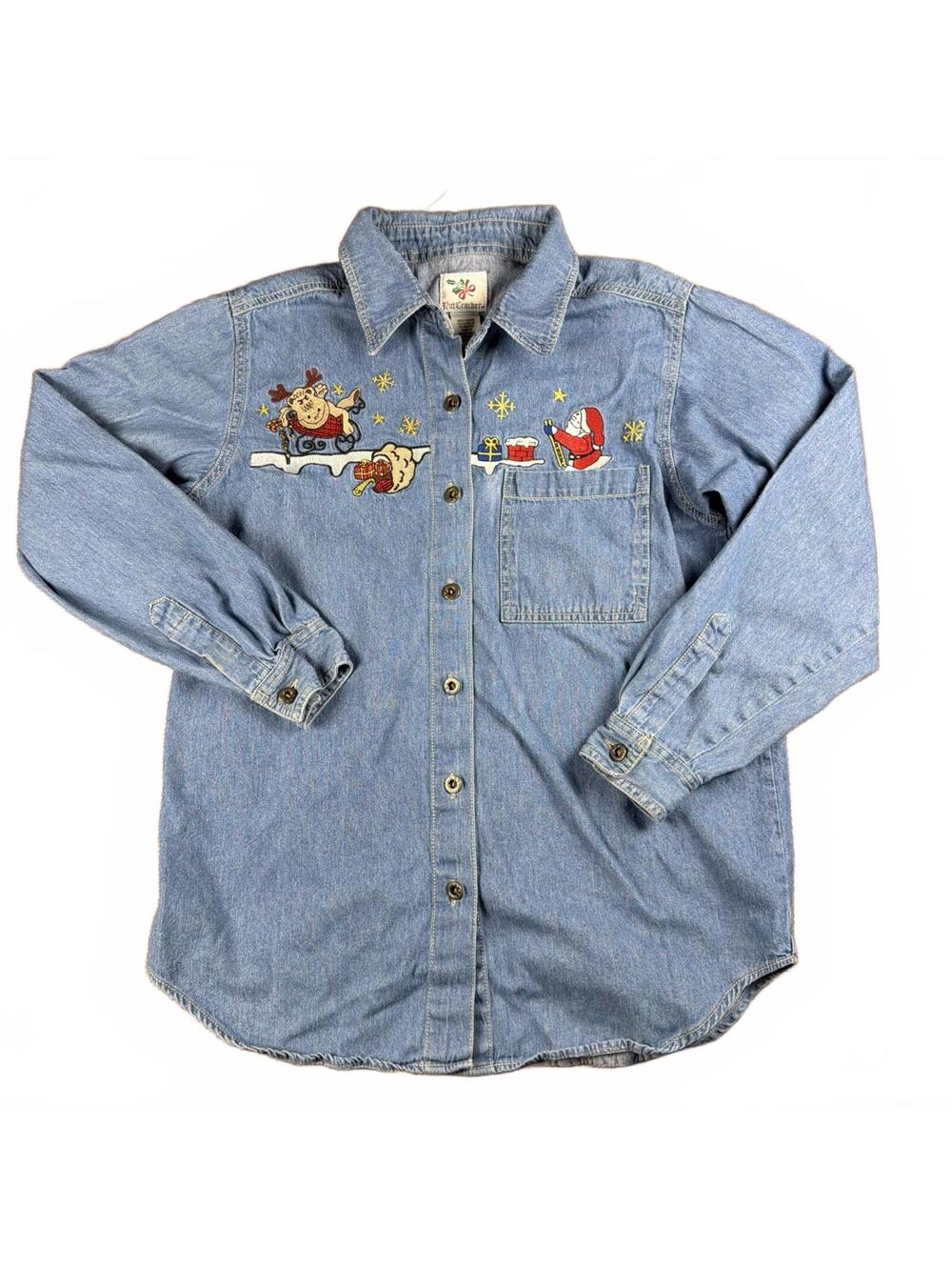 VTG NutCracker Womens M Denim Button Up Shirt Christmas Santa Embroidered